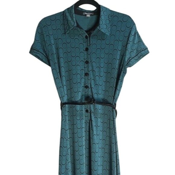 Apt. 9 Dresses & Skirts - APT 9 Vintage Teal Shirt Polka Dot Midi Shirt Belt Waist Dress Button Front PM